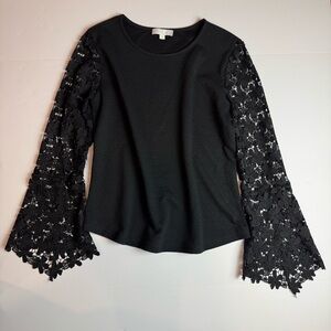 Anthro Black Textured Lace Long Sleeve Blouse